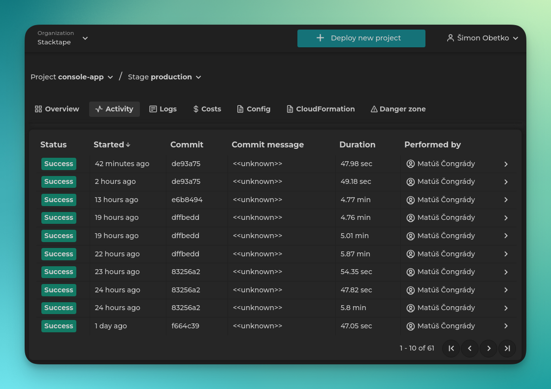 Checking stack activity in console